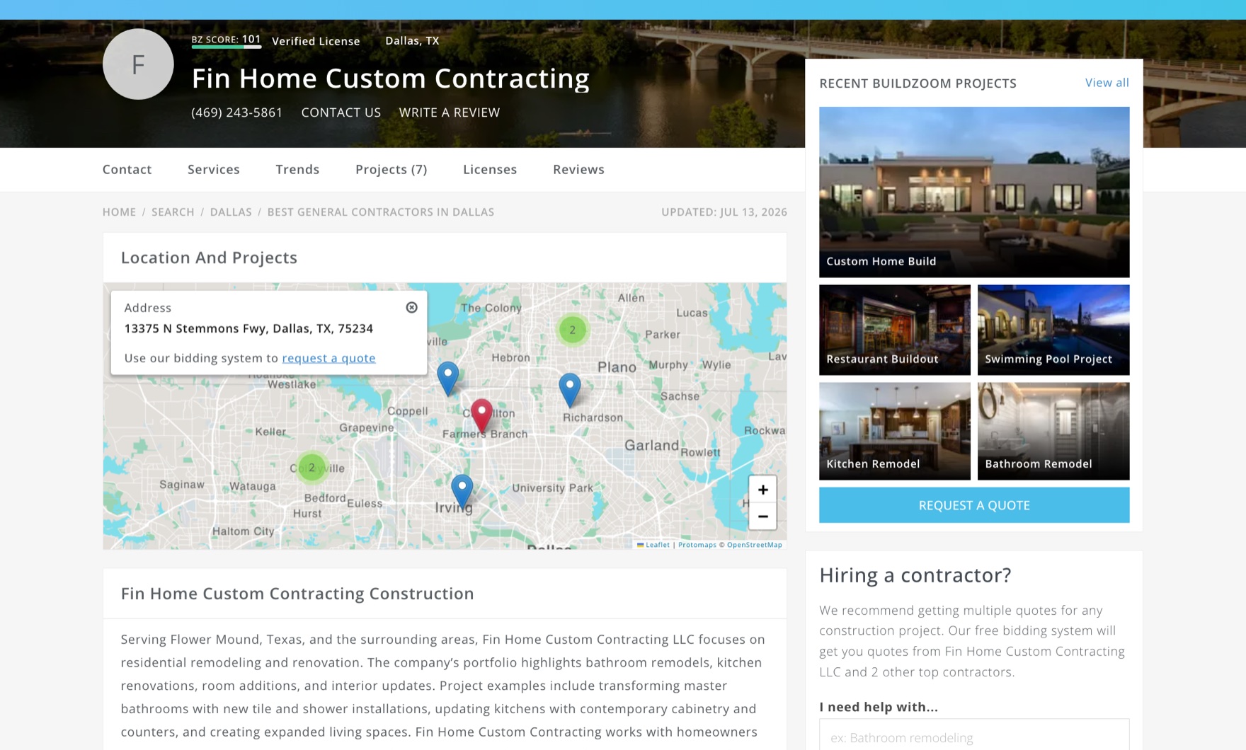 Fin Home Custom Contracting's verified BuildZoom listing, showing a BuildZoom score of 101, verified license, project map across Dallas-Fort Worth, and recent projects