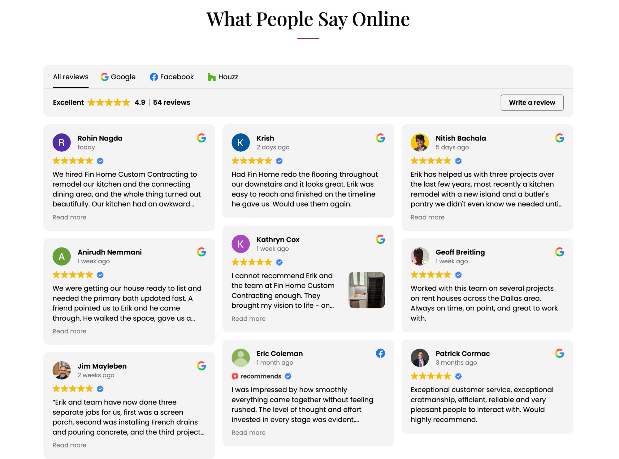 Fin Home Custom Contracting's reviews: rated Excellent, 4.9 stars across 54 reviews, with real five-star reviews from Google and Facebook naming Erik and the team