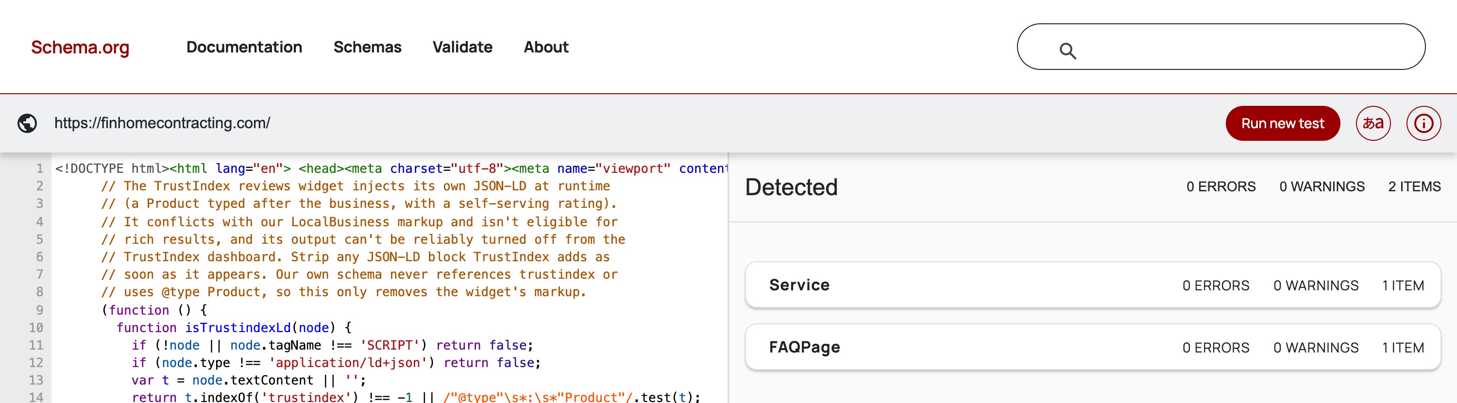 Google's schema.org validator showing the Fin Home homepage passing with zero errors and zero warnings, with Service and FAQPage markup detected