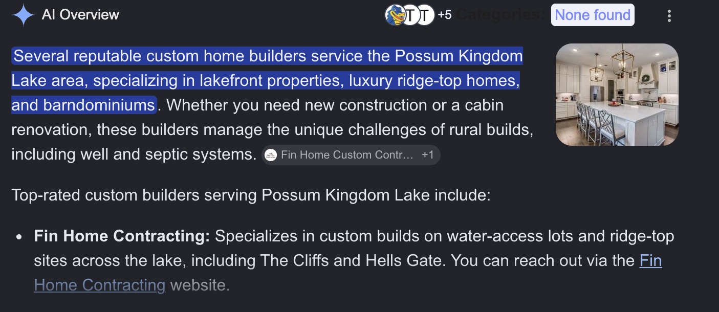 Google AI Overview naming Fin Home Contracting among top-rated custom builders serving Possum Kingdom Lake