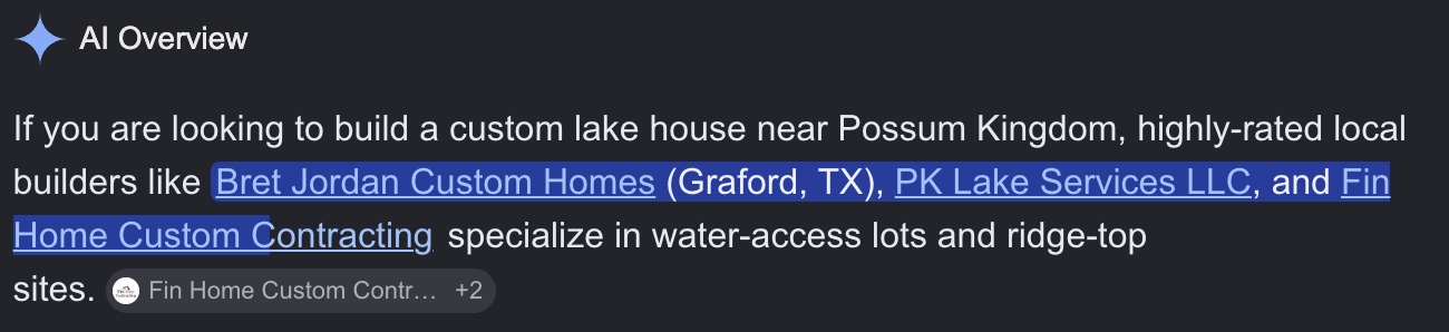 Google AI Overview listing Fin Home Custom Contracting among highly-rated local builders