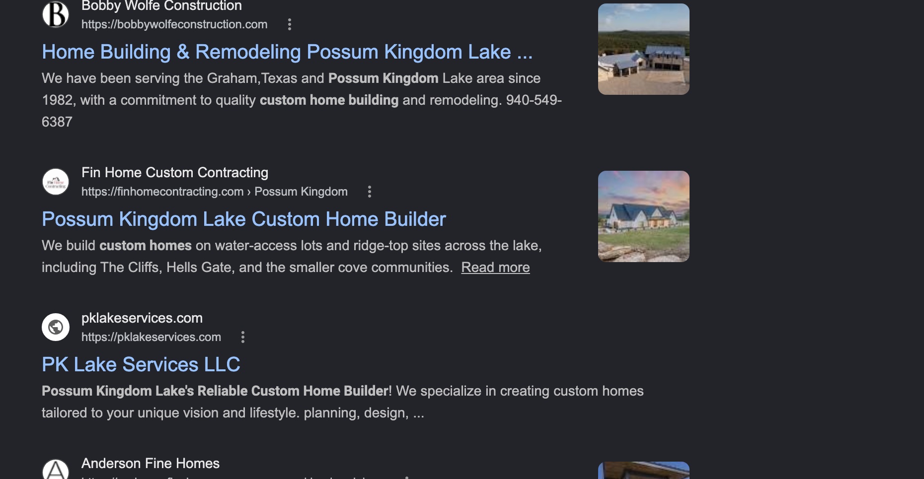 Google organic search results for 'possum kingdom custom home builder' showing Fin Home Custom Contracting ranked second, behind Bobby Wolfe Construction and ahead of PK Lake Services and Anderson Fine Homes